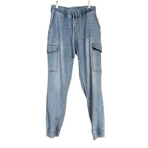 Almost Famous Light Wash Cargo Jean Joggers Tie Stretch Waist Sz M EUC